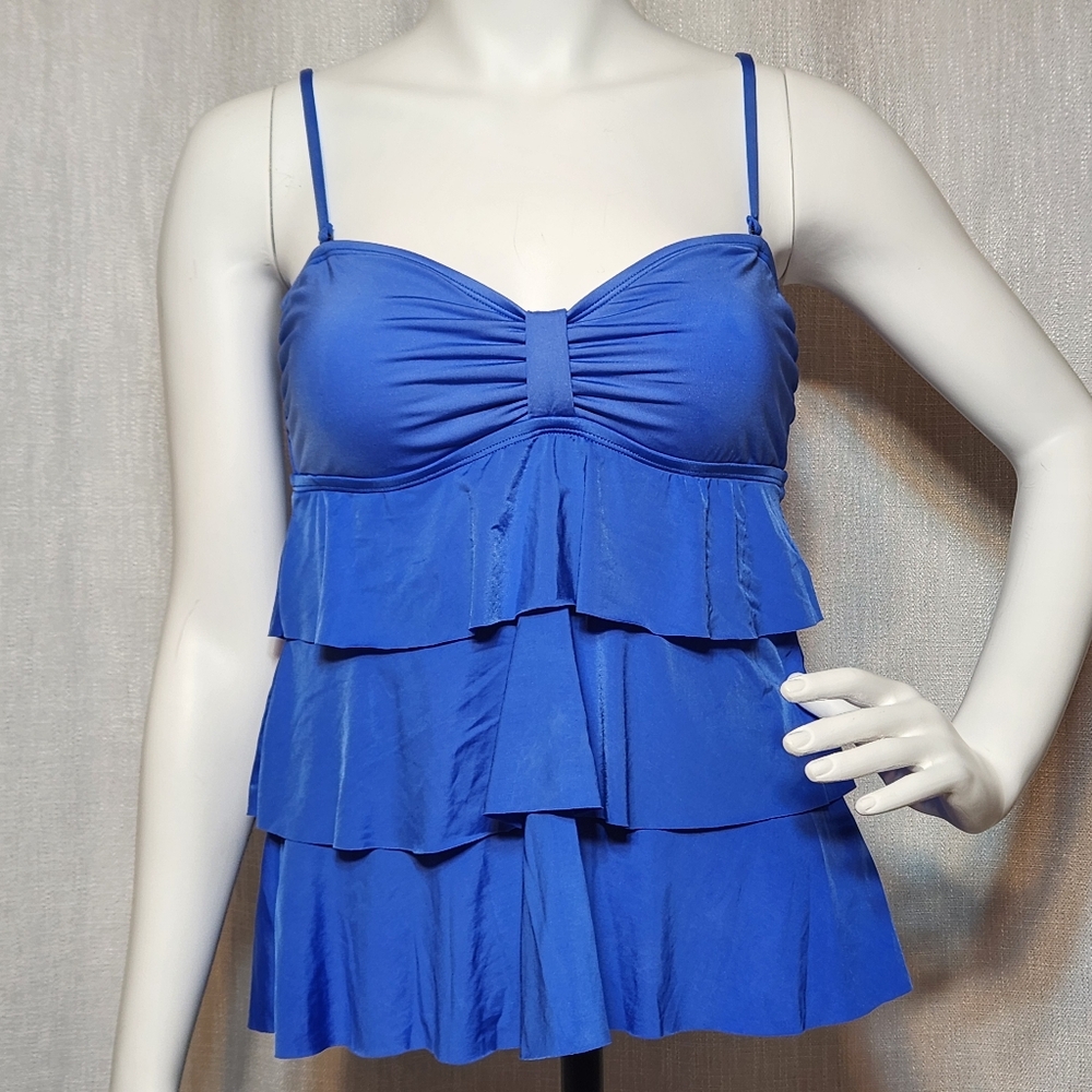 Kenneth Cole Reaction Ruffled Tankini Swim Top Large Blue Solid Color